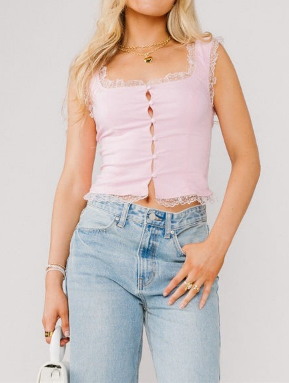 NWT Vestique Pink Lace-Trim Button Front Kimmi Top, Medium